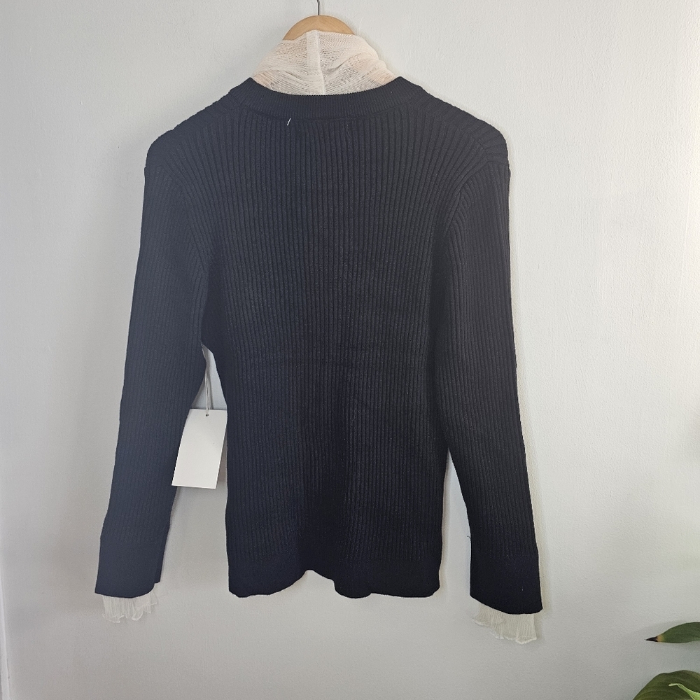 NWT Cocobleu Black Ribbed Knit Bow Sweater Cream Cuffs Coquette Large - Picture 8 of 10